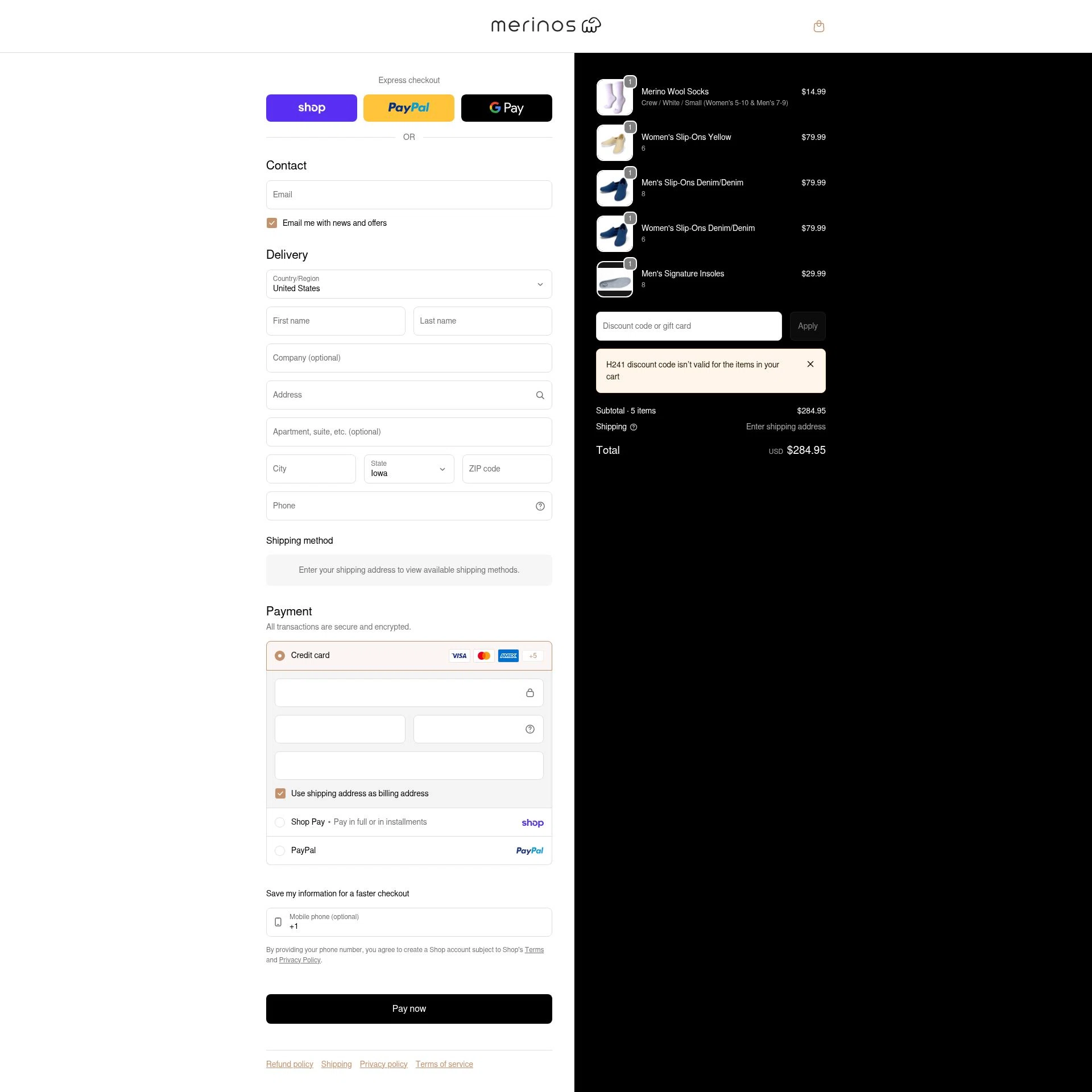 Merinos checkout page showing Merinos coupon code box | Screenshot taken by SimplyCodes community member on Feb 19, 2026