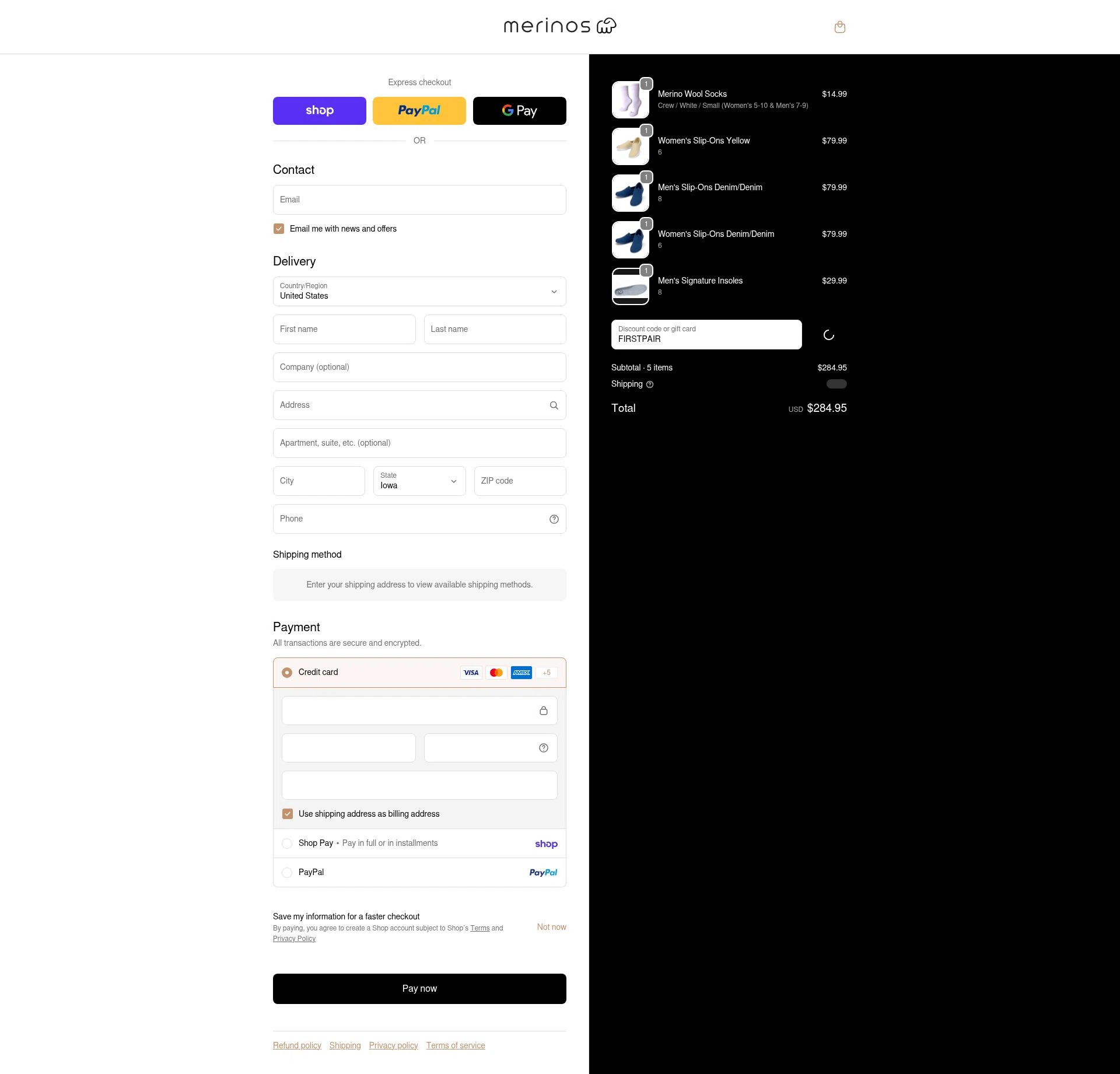 Merinos checkout page showing Merinos coupon code box | Screenshot taken by SimplyCodes community member on Feb 14, 2026