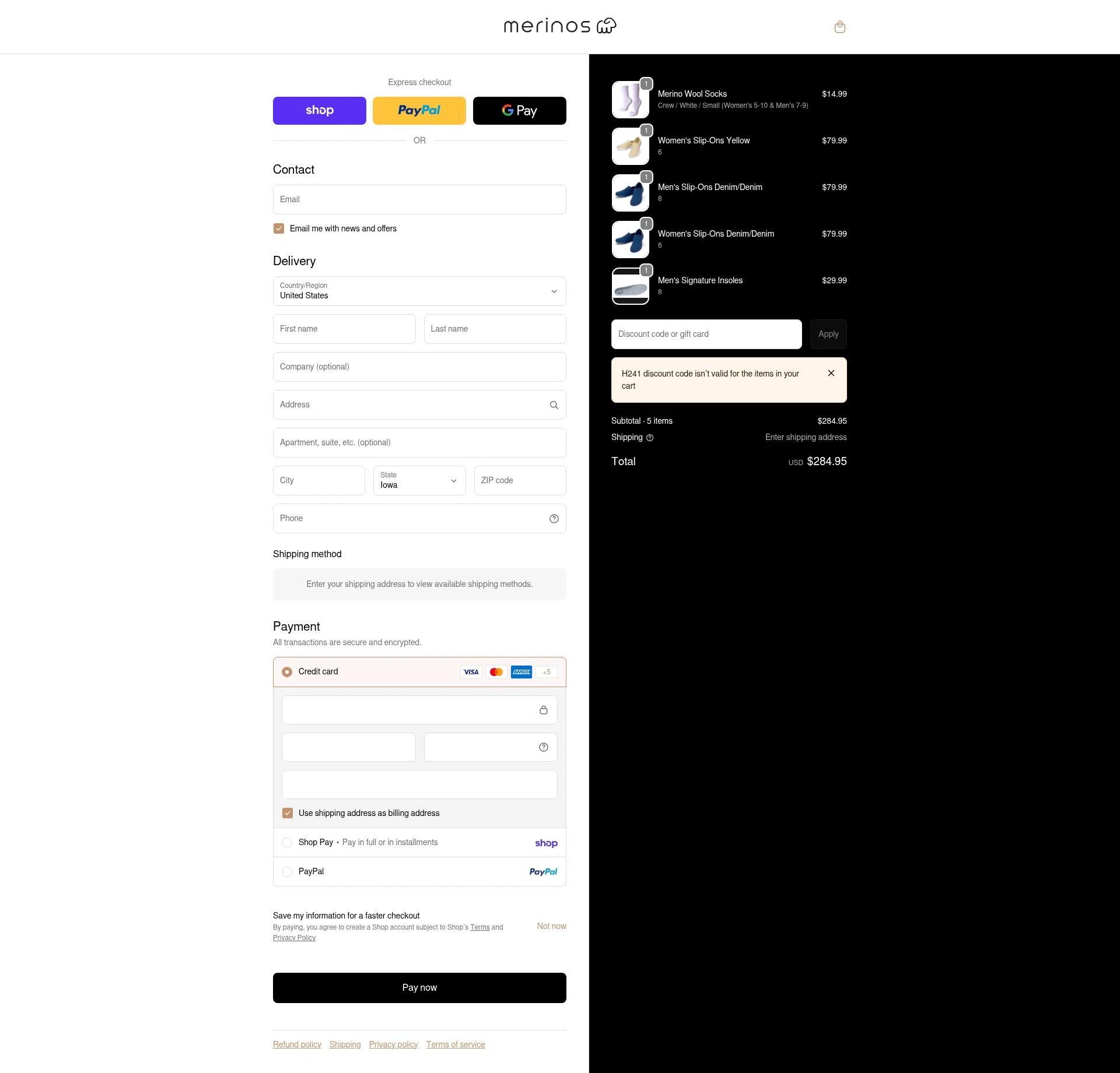 Merinos checkout page showing Merinos coupon code box | Screenshot taken by SimplyCodes community member on Feb 14, 2026