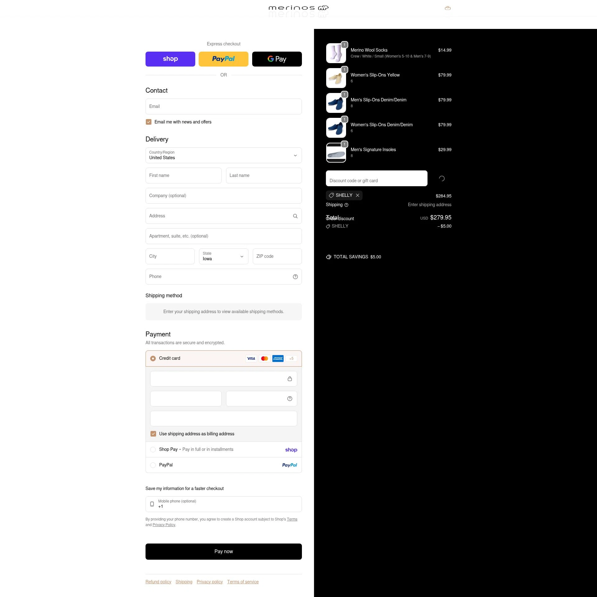Merinos checkout page showing Merinos coupon code box | Screenshot taken by SimplyCodes community member on Feb 19, 2026