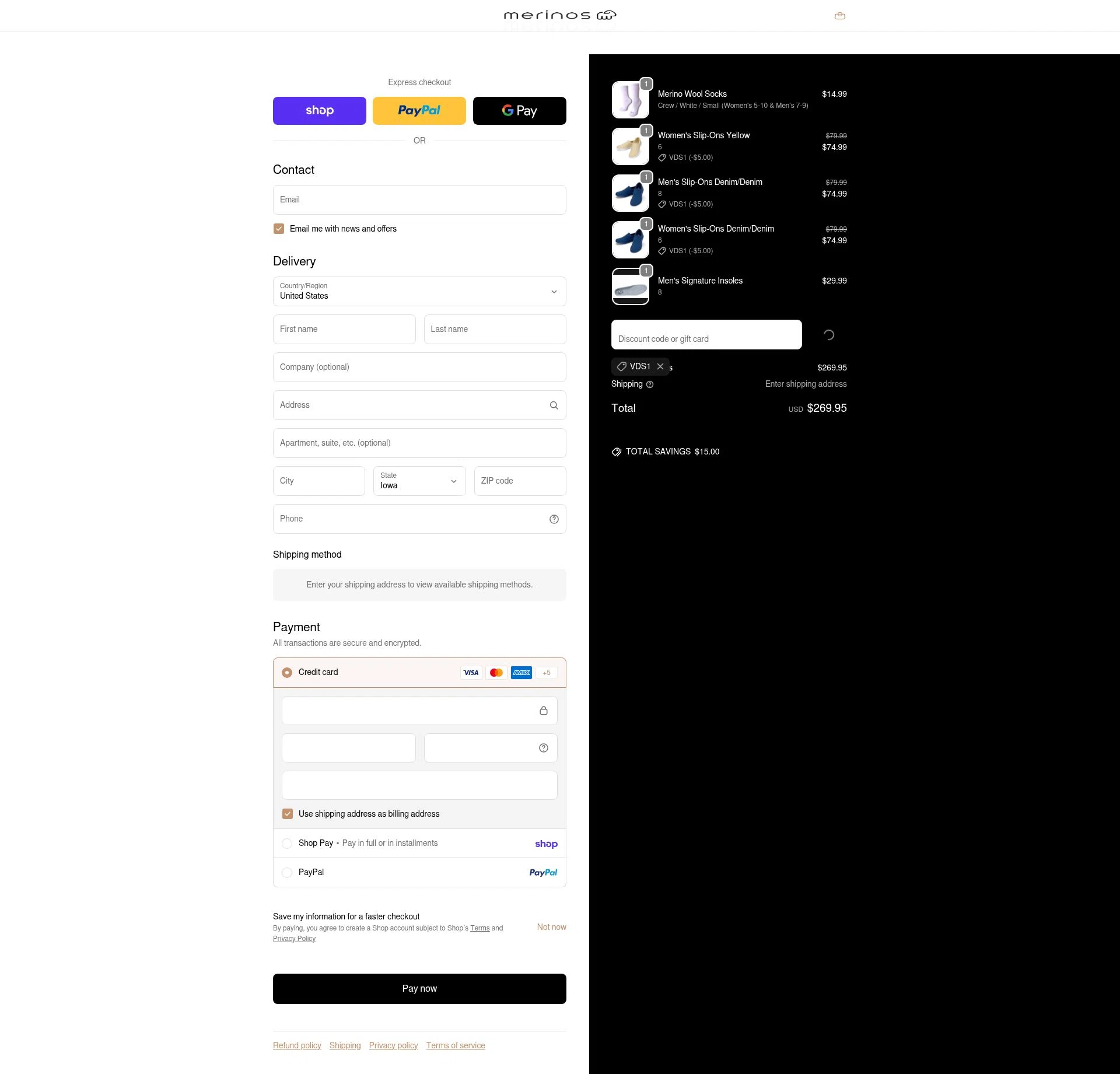 Merinos checkout page showing Merinos coupon code box | Screenshot taken by SimplyCodes community member on Feb 14, 2026