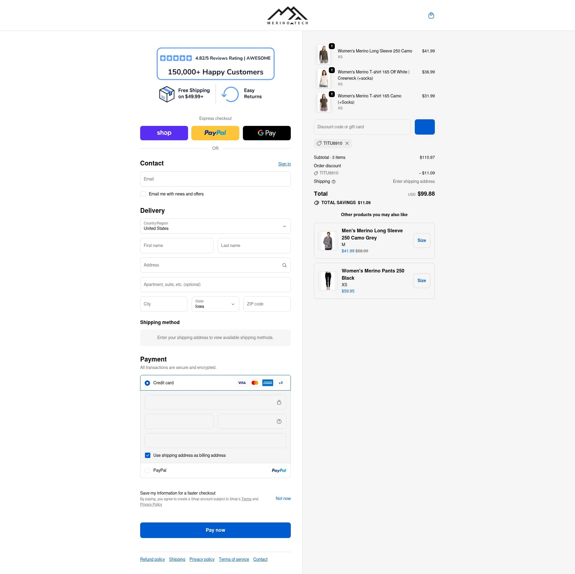 Merino Tech checkout page showing Merino Tech discount code box | Screenshot taken by SimplyCodes community member on Feb 19, 2026