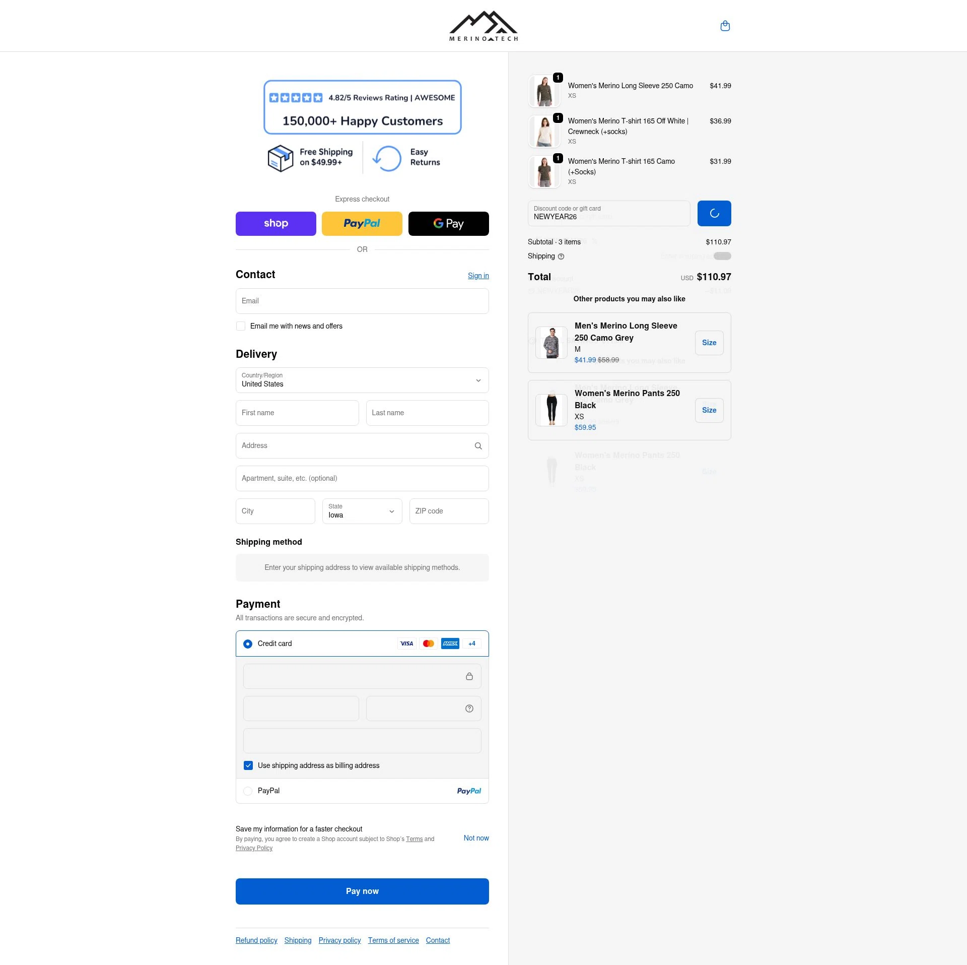 Merino Tech checkout page showing Merino Tech discount code box | Screenshot taken by SimplyCodes community member on Feb 19, 2026