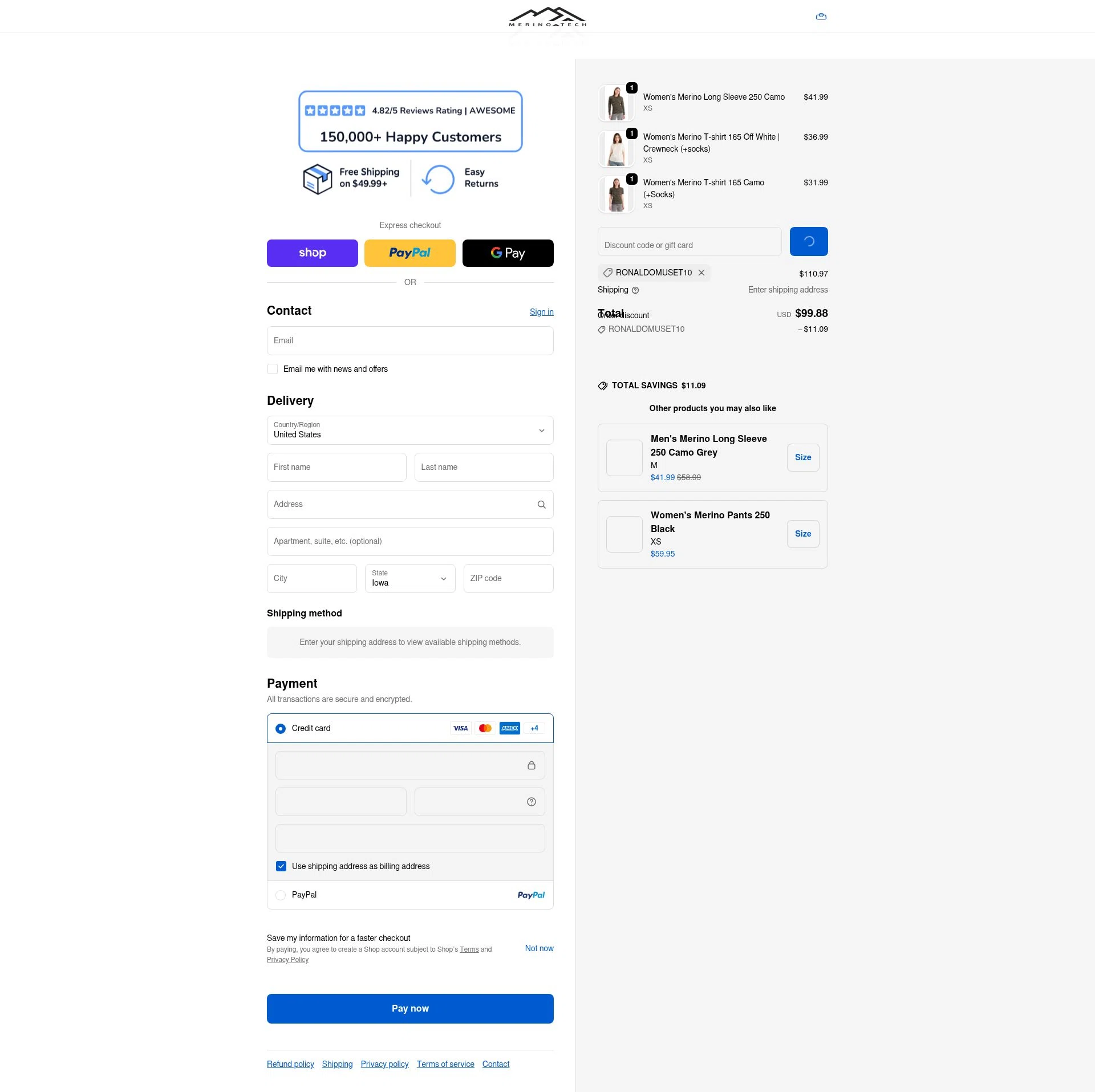 Merino Tech checkout page showing Merino Tech discount code box | Screenshot taken by SimplyCodes community member on Feb 19, 2026