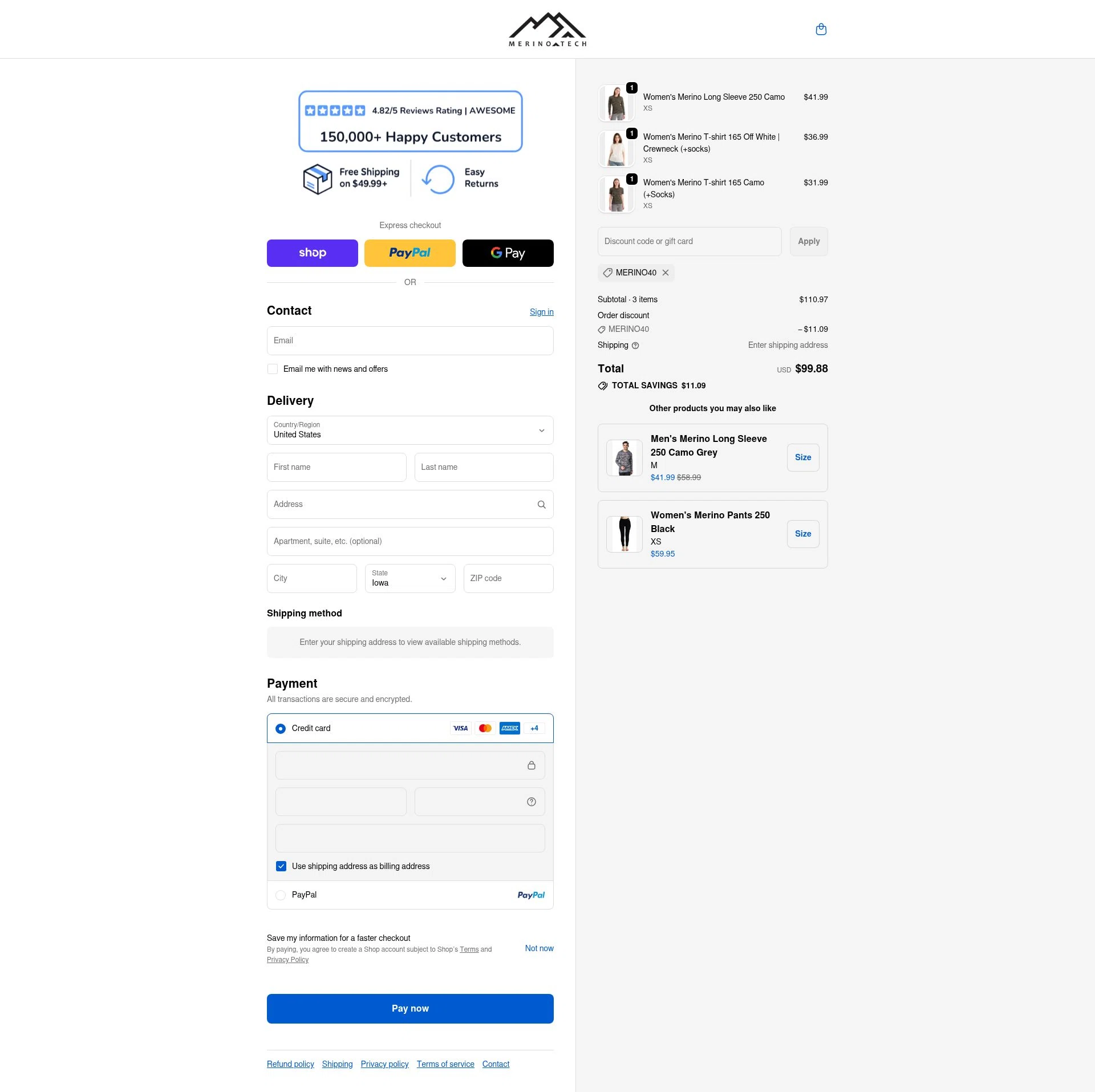 Merino Tech checkout page showing Merino Tech discount code box | Screenshot taken by SimplyCodes community member on Feb 19, 2026