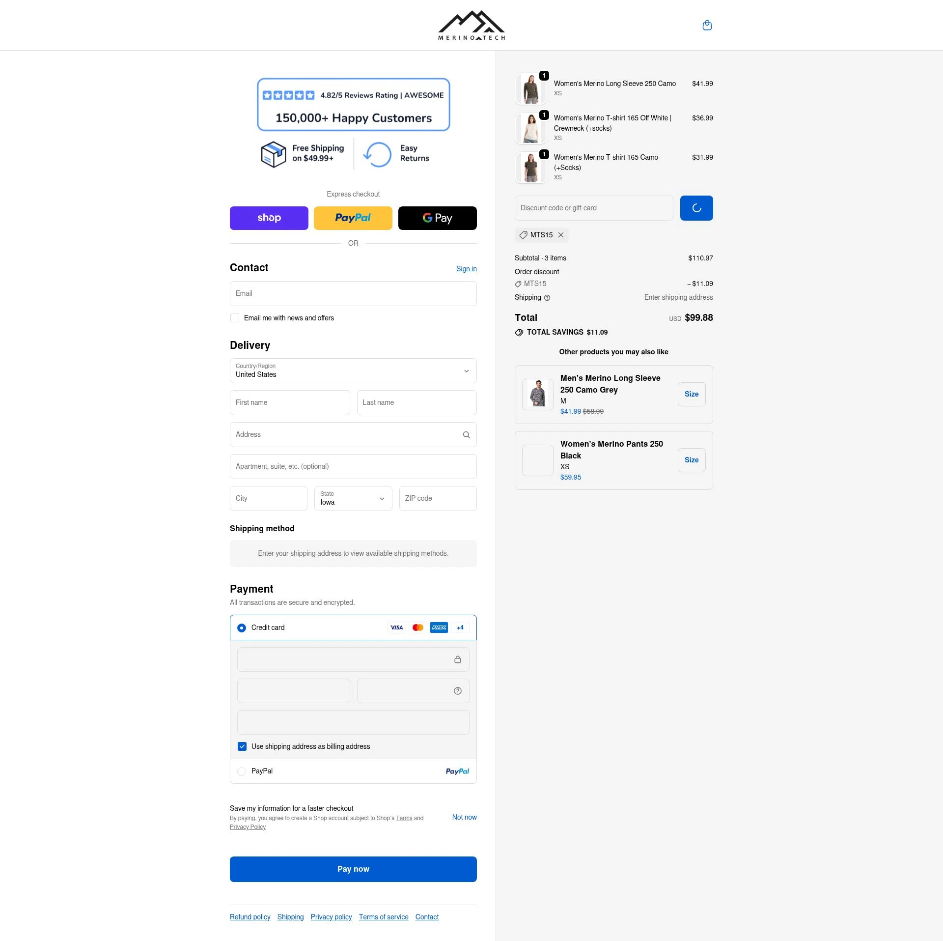 Merino Tech checkout page showing Merino Tech discount code box | Screenshot taken by SimplyCodes community member on Feb 19, 2026