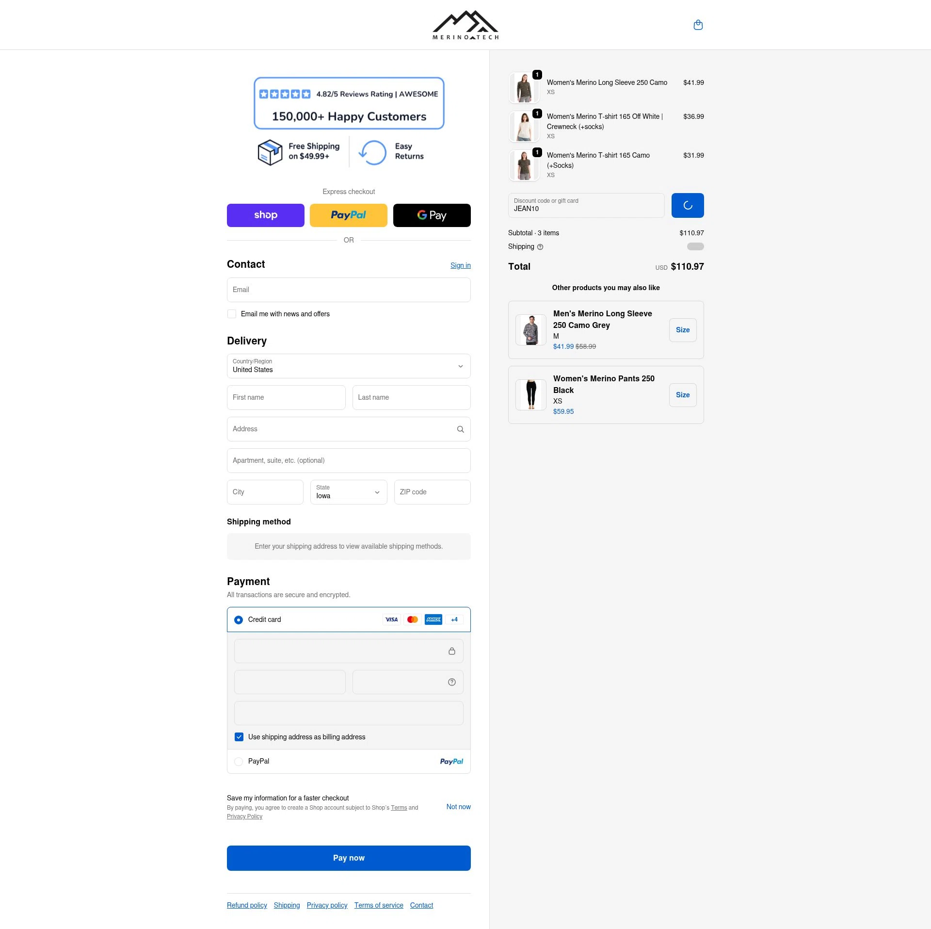 Merino Tech checkout page showing Merino Tech discount code box | Screenshot taken by SimplyCodes community member on Feb 19, 2026
