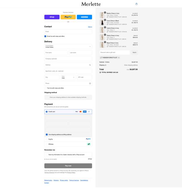Merlette NYC checkout page showing Merlette NYC promo code box | Screenshot taken by SimplyCodes community member on Sep 11, 2025