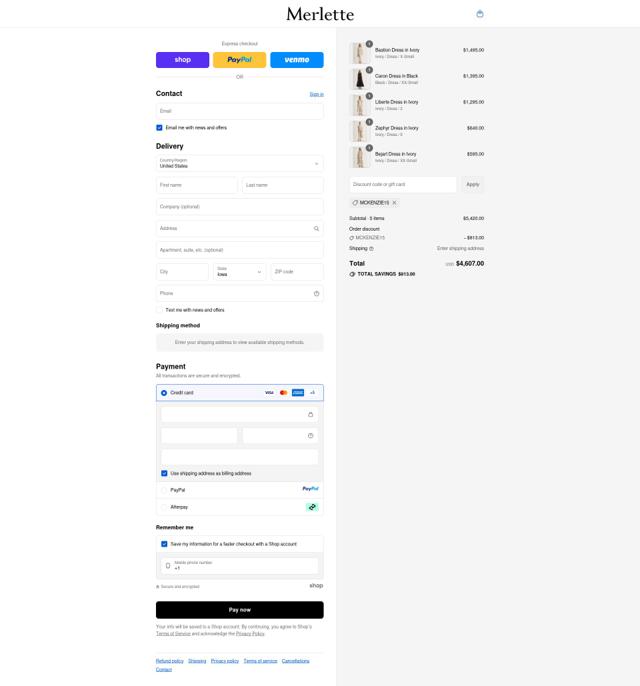 Merlette NYC checkout page showing Merlette NYC promo code box | Screenshot taken by SimplyCodes community member on Sep 11, 2025