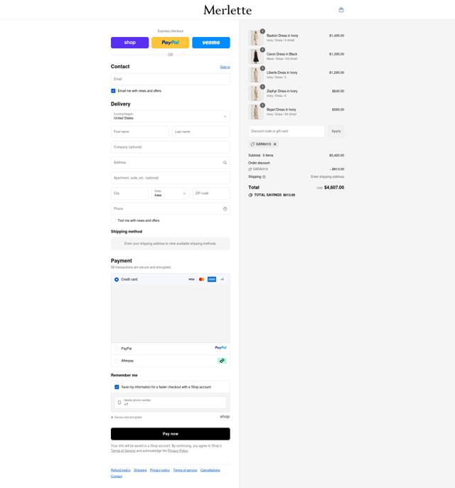 Merlette NYC checkout page showing Merlette NYC promo code box | Screenshot taken by SimplyCodes community member on Sep 11, 2025
