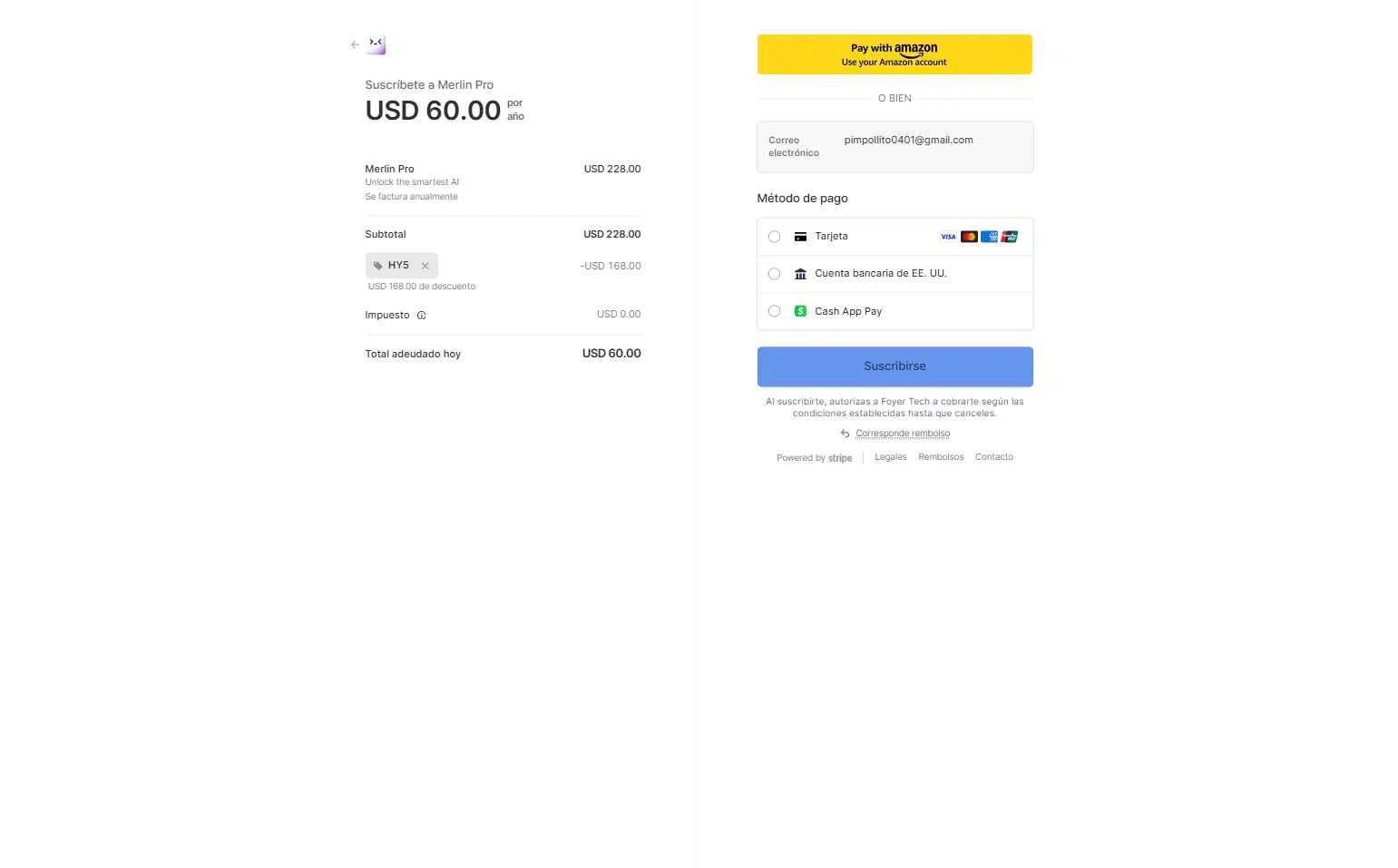 Merlin AI checkout page showing Merlin AI promo code box | Screenshot taken by SimplyCodes community member on Dec 26, 2025