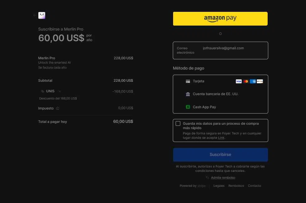 Merlin AI checkout page showing Merlin AI promo code box | Screenshot taken by SimplyCodes community member on Dec 31, 2025