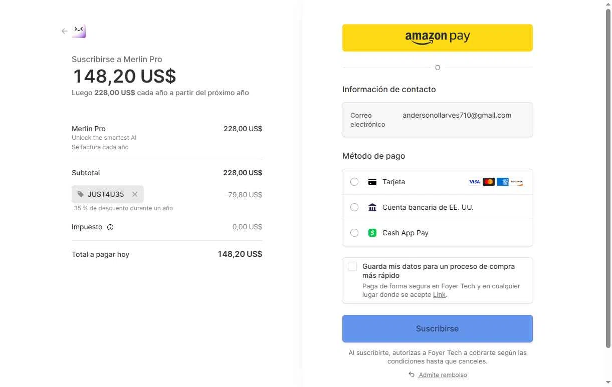 Merlin AI checkout page showing Merlin AI promo code box | Screenshot taken by SimplyCodes community member on Jan 11, 2026