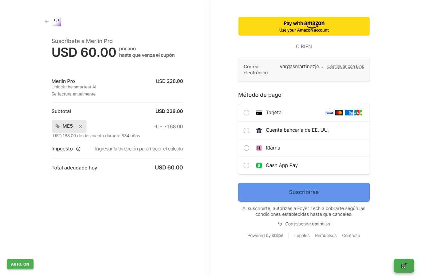 Merlin AI checkout page showing Merlin AI promo code box | Screenshot taken by SimplyCodes community member on Dec 26, 2025