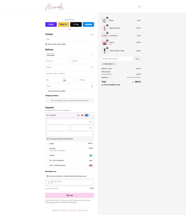 Mermade Hair USA checkout page showing Mermade Hair USA promo code box | Screenshot taken by SimplyCodes community member on Sep 11, 2025