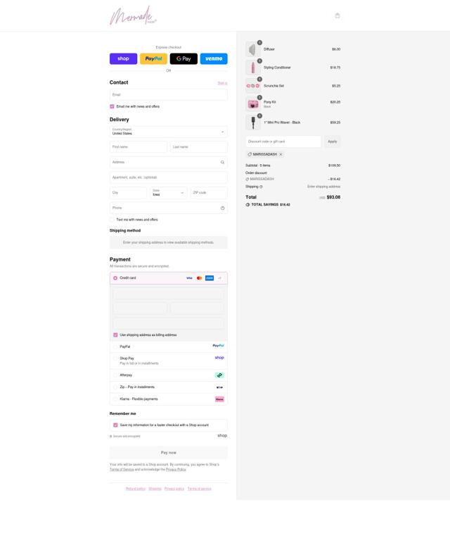 Mermade Hair USA checkout page showing Mermade Hair USA promo code box | Screenshot taken by SimplyCodes community member on Sep 11, 2025