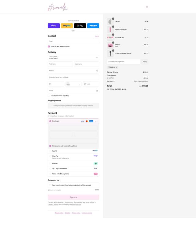 Mermade Hair USA checkout page showing Mermade Hair USA promo code box | Screenshot taken by SimplyCodes community member on Sep 11, 2025