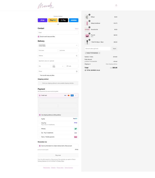 Mermade Hair USA checkout page showing Mermade Hair USA promo code box | Screenshot taken by SimplyCodes community member on Sep 11, 2025
