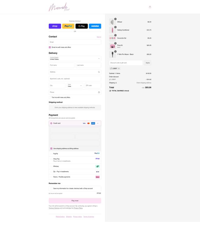 Mermade Hair USA checkout page showing Mermade Hair USA promo code box | Screenshot taken by SimplyCodes community member on Sep 11, 2025