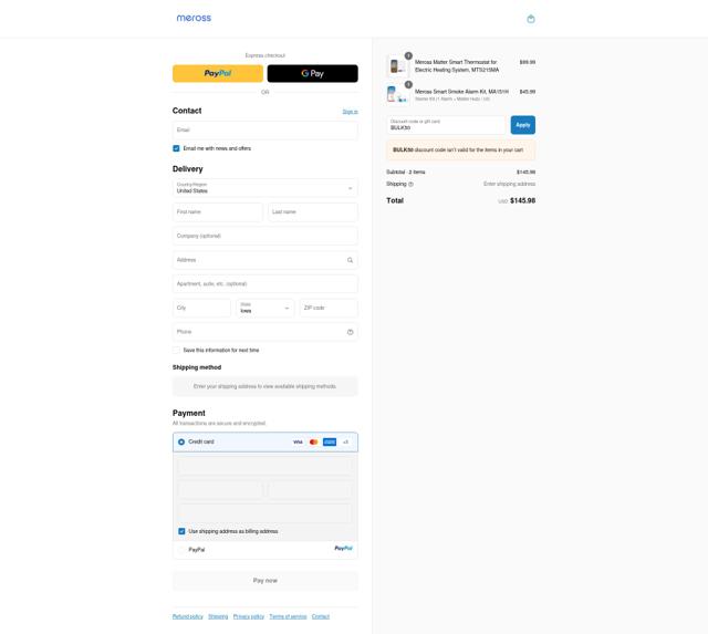 Meross checkout page showing Meross discount code box | Screenshot taken by SimplyCodes community member on Sep 15, 2025
