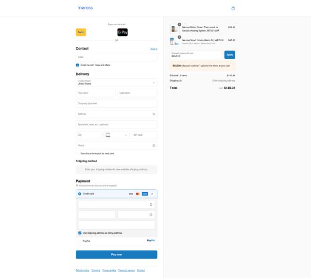 Meross checkout page showing Meross discount code box | Screenshot taken by SimplyCodes community member on Sep 15, 2025