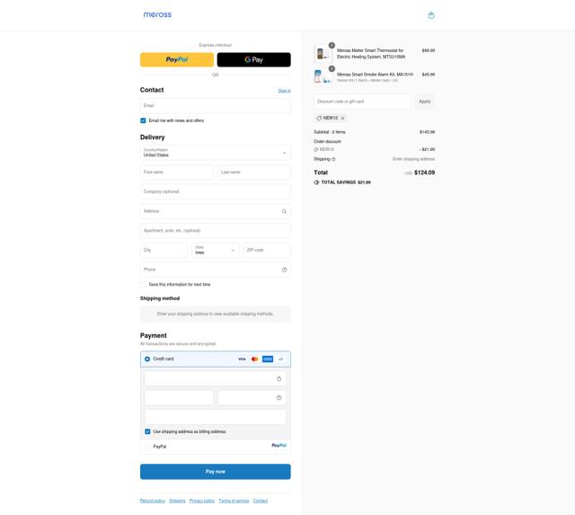 Meross checkout page showing Meross discount code box | Screenshot taken by SimplyCodes community member on Sep 15, 2025