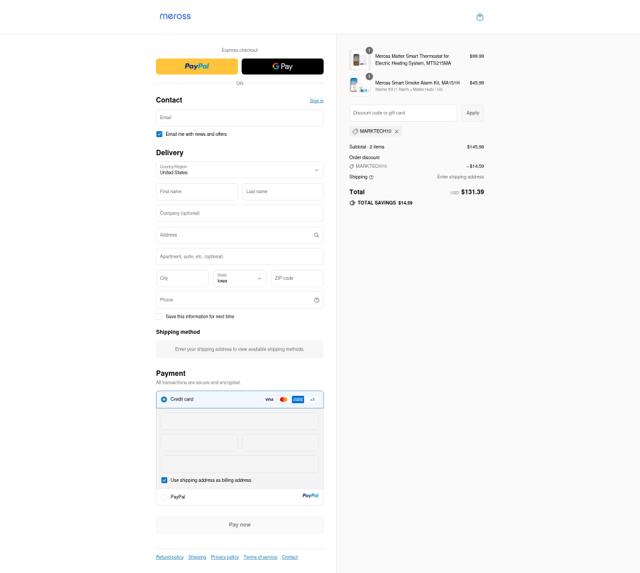 Meross checkout page showing Meross discount code box | Screenshot taken by SimplyCodes community member on Sep 15, 2025