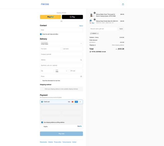 Meross checkout page showing Meross discount code box | Screenshot taken by SimplyCodes community member on Sep 15, 2025