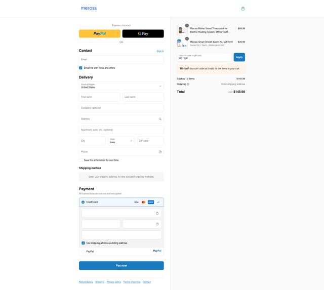 Meross checkout page showing Meross discount code box | Screenshot taken by SimplyCodes community member on Sep 15, 2025