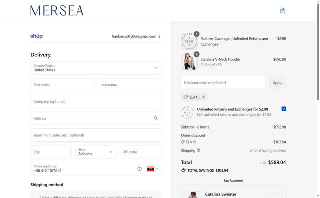 MERSEA checkout page showing MERSEA coupon code box | Screenshot taken by SimplyCodes community member on Sep 13, 2025