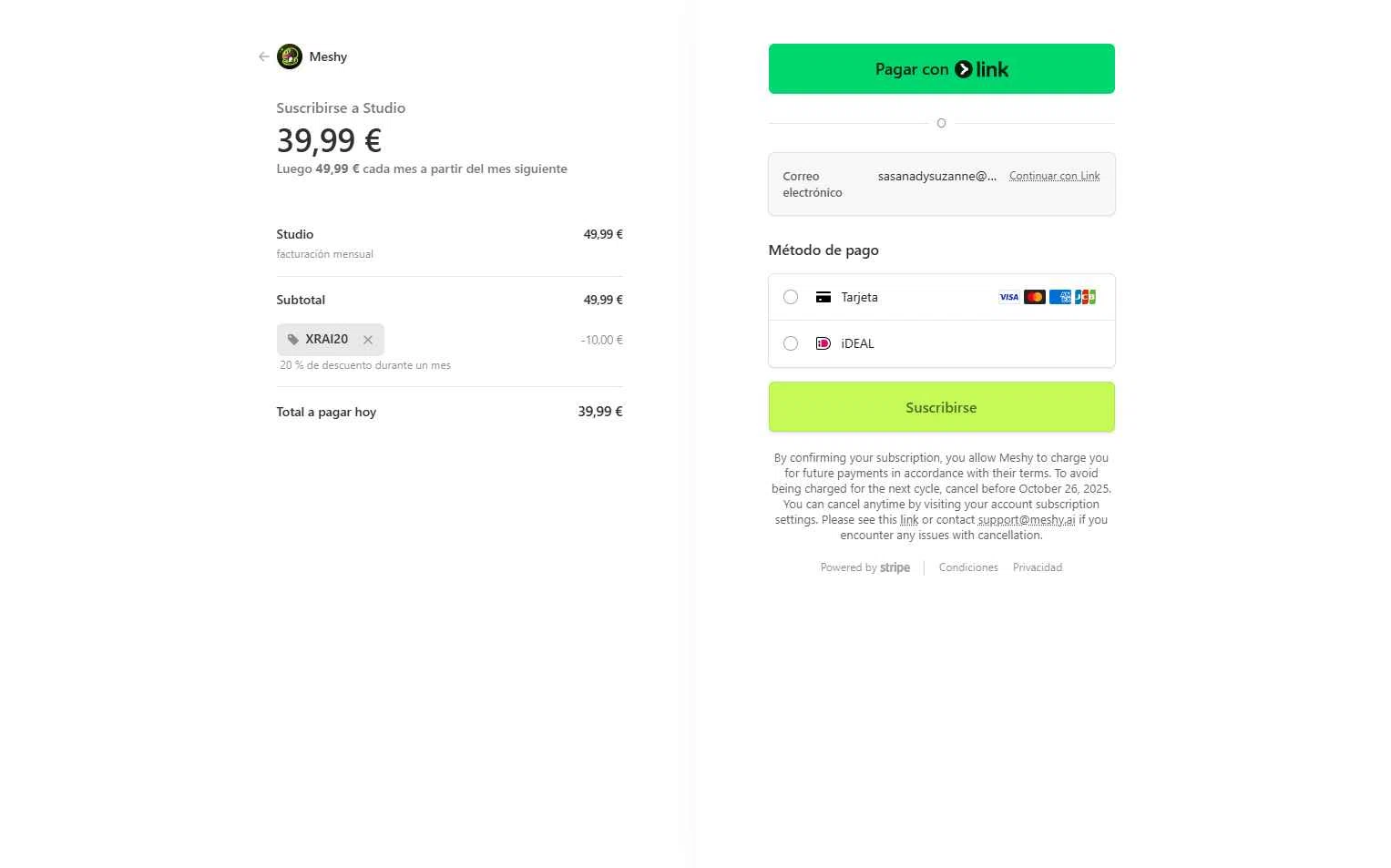 Meshy AI checkout page showing Meshy AI promo code box | Screenshot taken by SimplyCodes community member on Sep 26, 2025