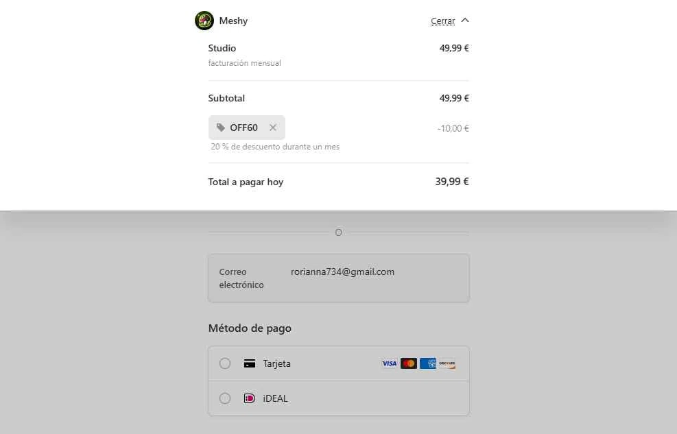 Meshy AI checkout page showing Meshy AI promo code box | Screenshot taken by SimplyCodes community member on Sep 26, 2025