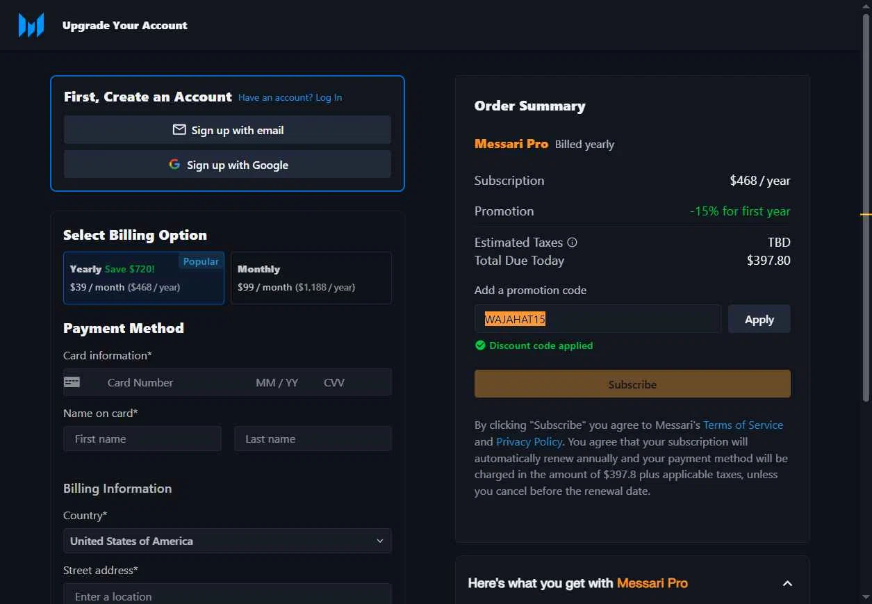 Messari checkout page showing Messari promo code box | Screenshot taken by SimplyCodes community member on May 24, 2025