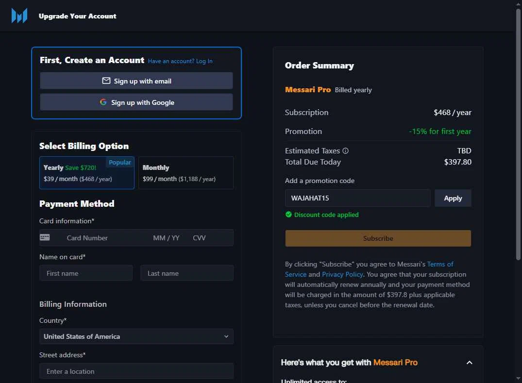 Messari checkout page showing Messari promo code box | Screenshot taken by SimplyCodes community member on Aug 19, 2025