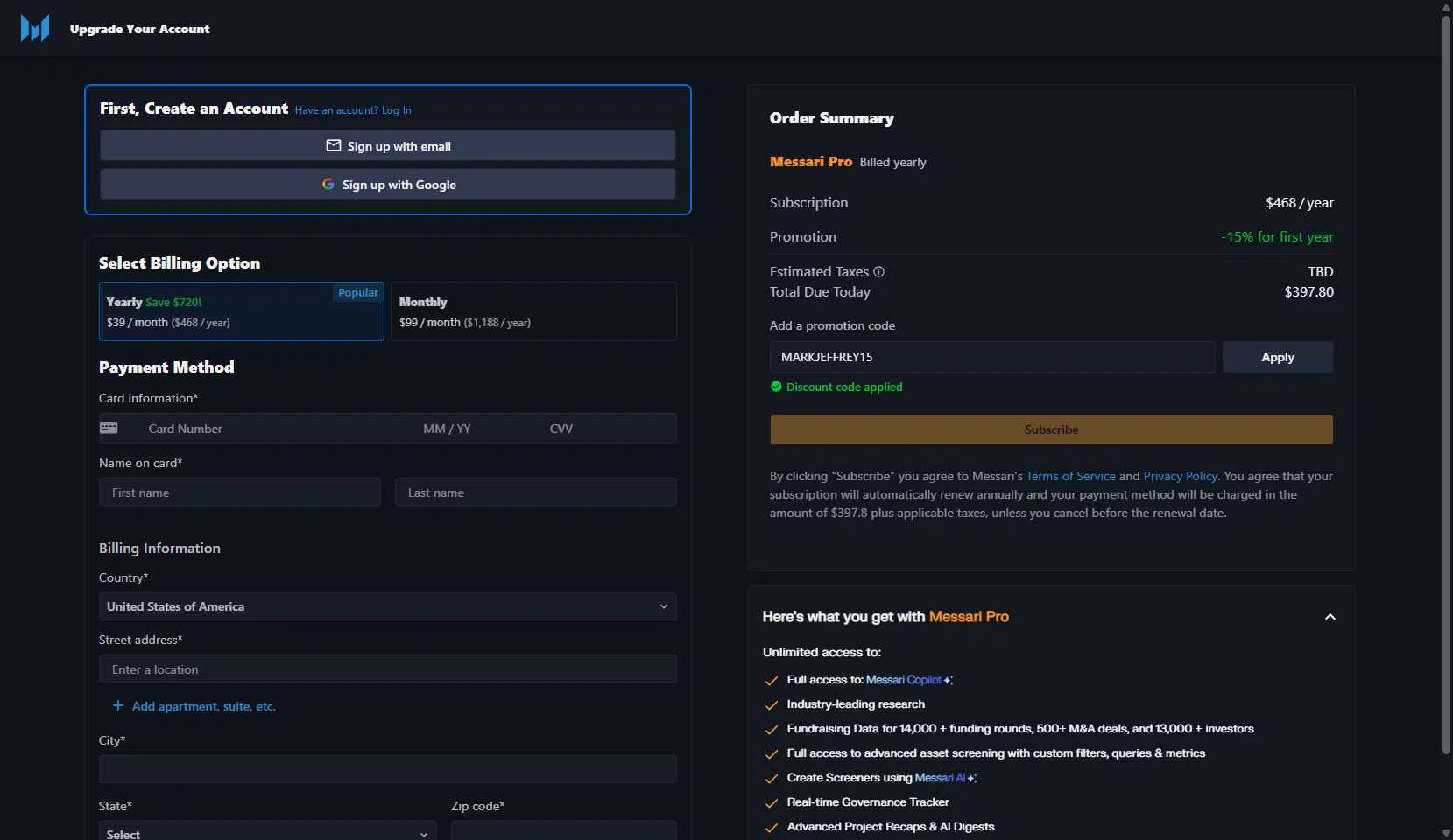 Messari checkout page showing Messari promo code box | Screenshot taken by SimplyCodes community member on Aug 19, 2025