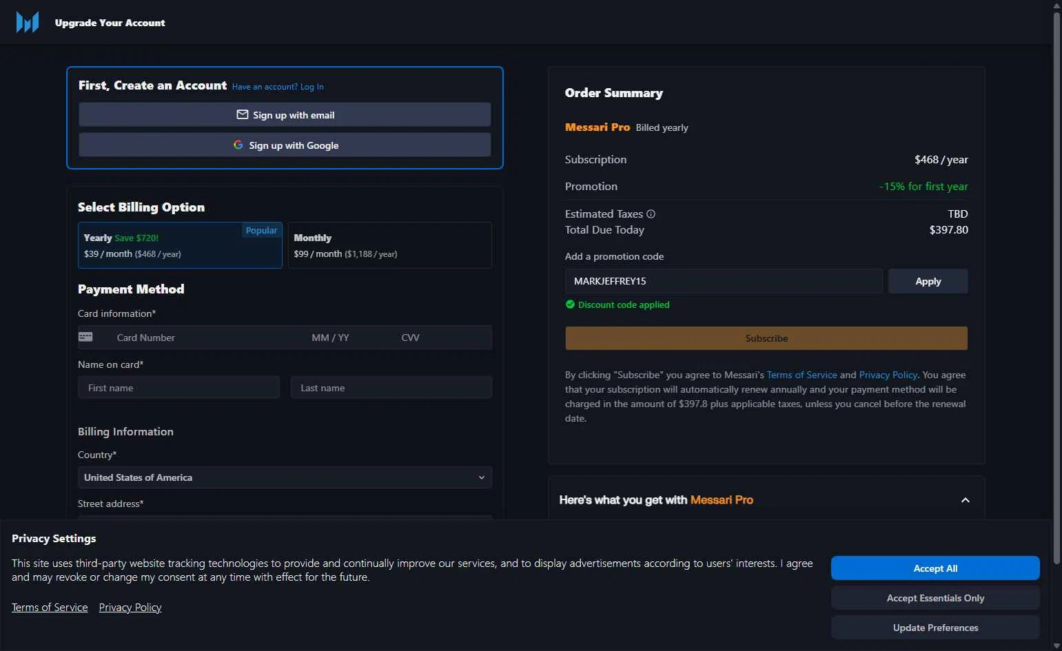 Messari checkout page showing Messari promo code box | Screenshot taken by SimplyCodes community member on Jul 21, 2025