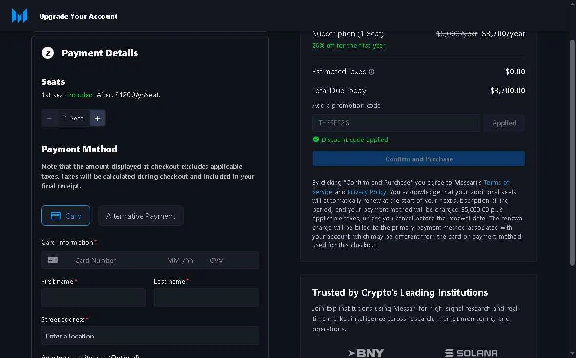 Messari checkout page showing Messari promo code box | Screenshot taken by SimplyCodes community member on Dec 26, 2025