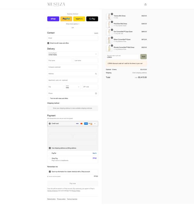 Mestiza New York checkout page showing Mestiza New York promo code box | Screenshot taken by SimplyCodes community member on Aug 30, 2025