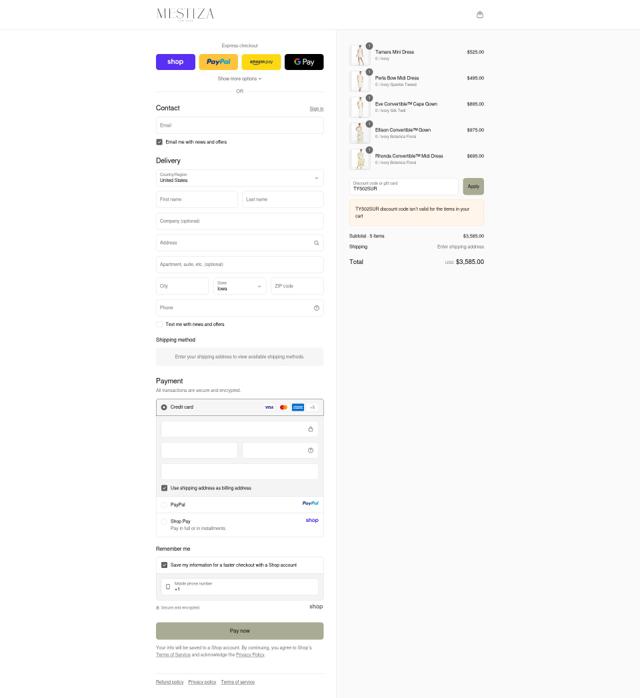 Mestiza New York checkout page showing Mestiza New York promo code box | Screenshot taken by SimplyCodes community member on Sep 11, 2025