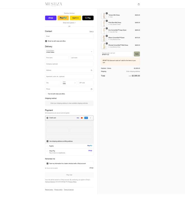 Mestiza New York checkout page showing Mestiza New York promo code box | Screenshot taken by SimplyCodes community member on Sep 11, 2025