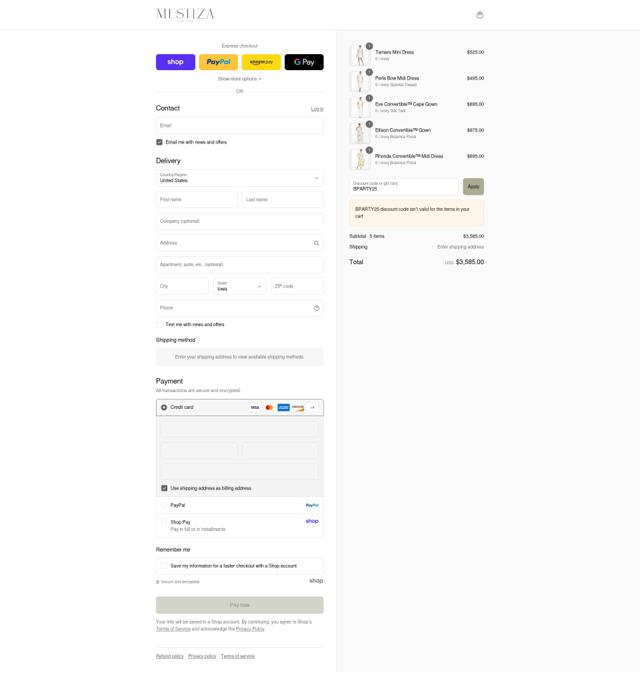 Mestiza New York checkout page showing Mestiza New York promo code box | Screenshot taken by SimplyCodes community member on Sep 7, 2025
