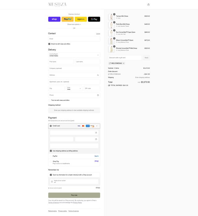 Mestiza New York checkout page showing Mestiza New York promo code box | Screenshot taken by SimplyCodes community member on Sep 3, 2025