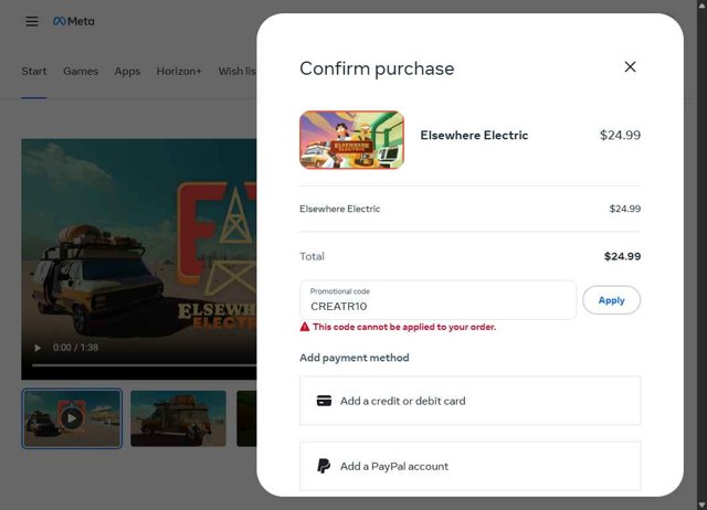 Meta checkout page showing Meta promo code box | Screenshot taken by SimplyCodes community member on Jul 31, 2025