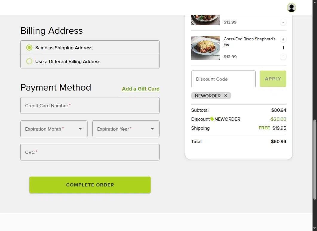 Metabolic Meals checkout page showing Metabolic Meals discount code box | Screenshot taken by SimplyCodes community member on Jan 9, 2026