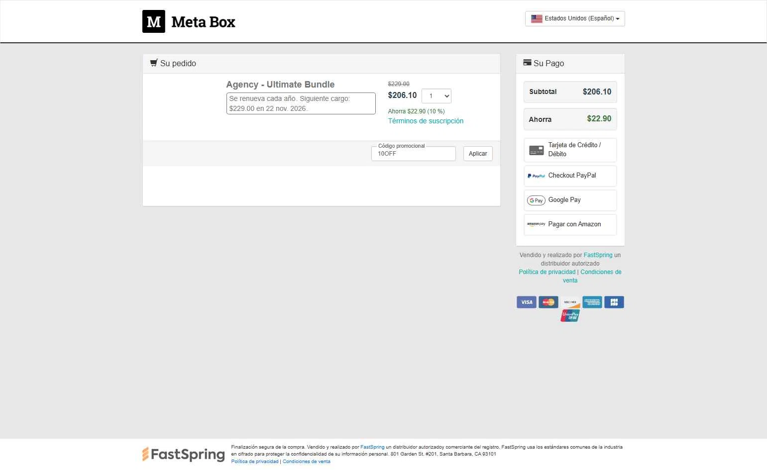 Meta Box checkout page showing Meta Box promo code box | Screenshot taken by SimplyCodes community member on Nov 22, 2025