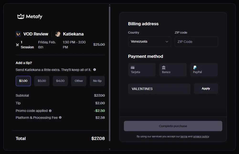 Metafy checkout page showing Metafy promo code box | Screenshot taken by SimplyCodes community member on Feb 2, 2026