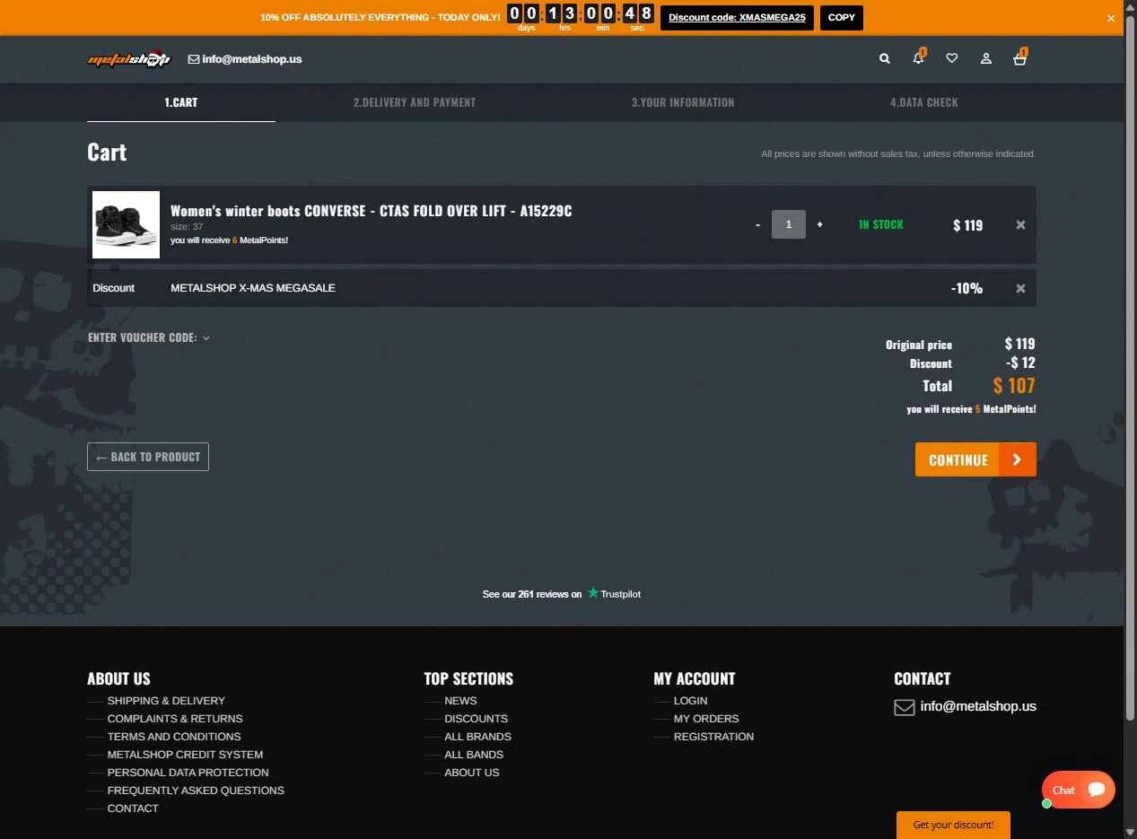 METALSHOP checkout page showing METALSHOP discount code box | Screenshot taken by SimplyCodes community member on Dec 18, 2025