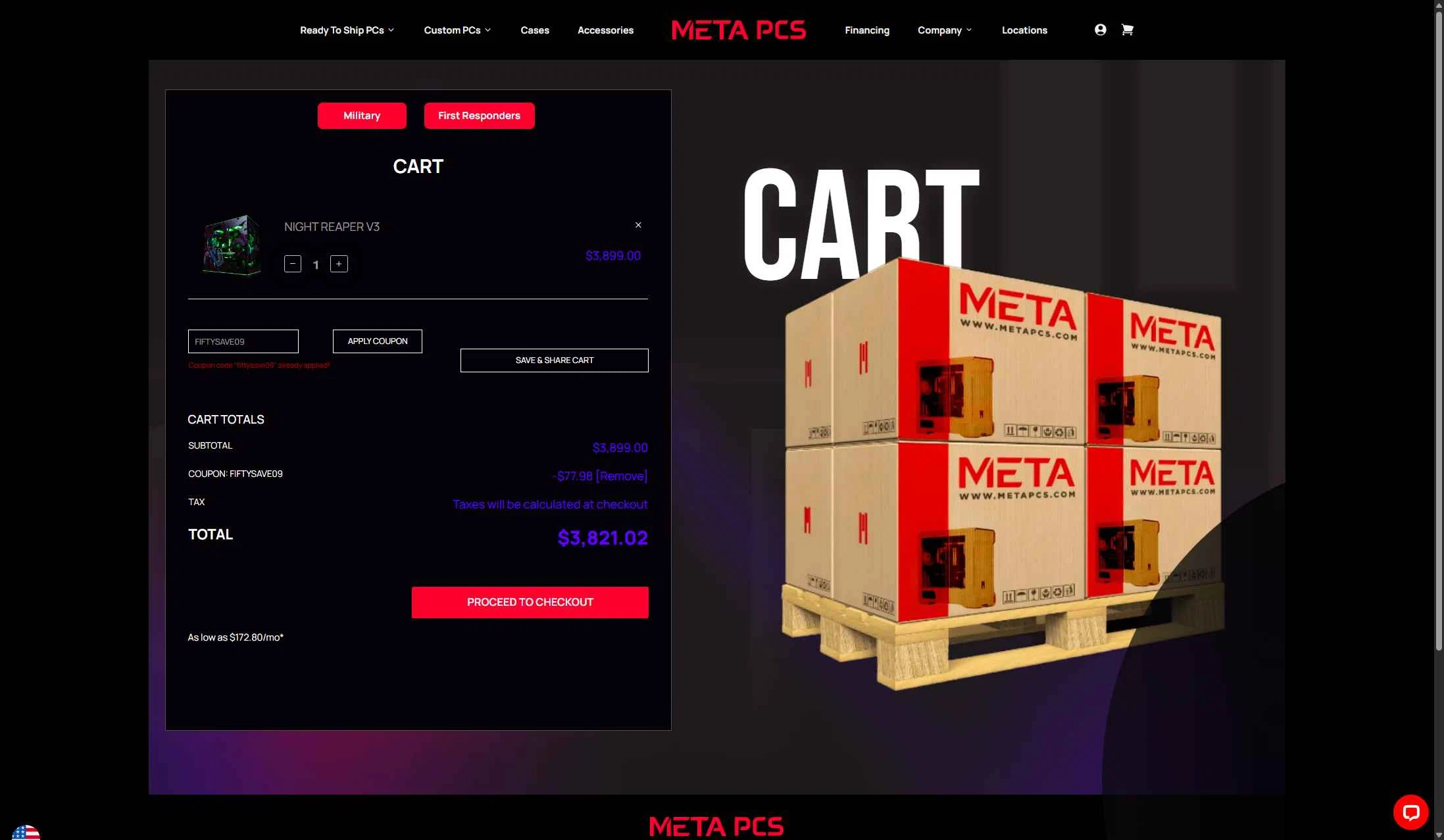 META PCs checkout page showing META PCs coupon code box | Screenshot taken by SimplyCodes community member on Jan 17, 2026