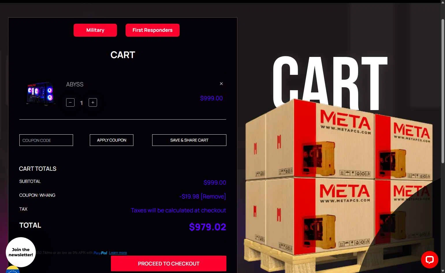 META PCs checkout page showing META PCs coupon code box | Screenshot taken by SimplyCodes community member on Feb 1, 2026