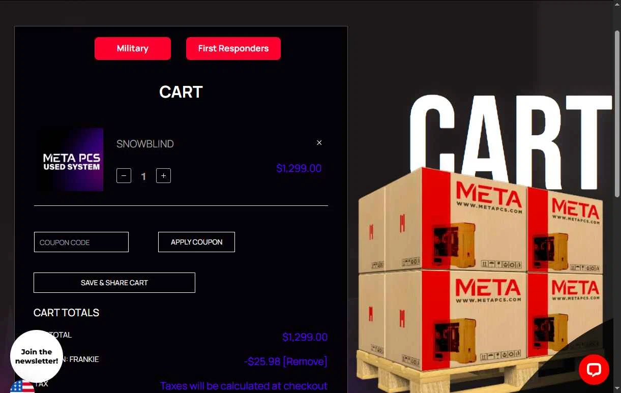 META PCs checkout page showing META PCs coupon code box | Screenshot taken by SimplyCodes community member on Dec 31, 2025